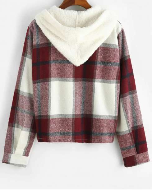 Fashion Plaid print Brushed Hoodie Long sleeve Blouses