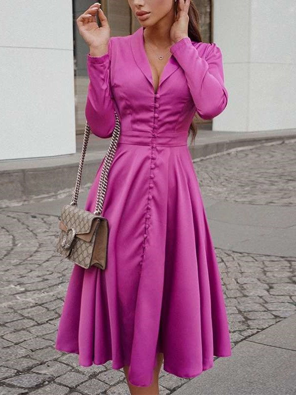 Fashion Pure Lapel Long sleeve Fastener Skater Maxi Dresses
