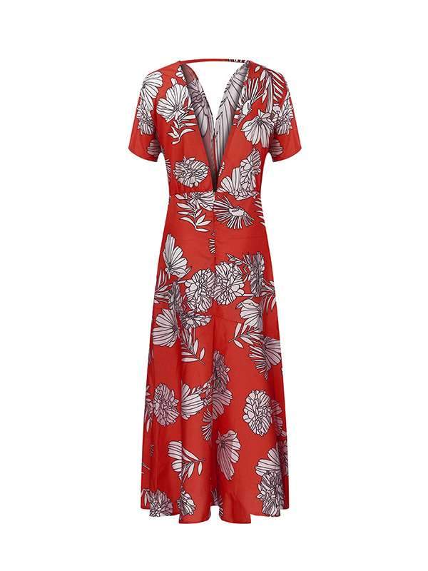 Women Casual Sexy Deep V Neck Floral Print Maxi Dresses