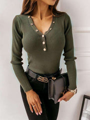 Sexy Pure V neck Long sleeve Knit Fastener Sweaters