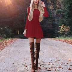 Fashion Pure Round neck Long sleeve Knit Skater Dresses