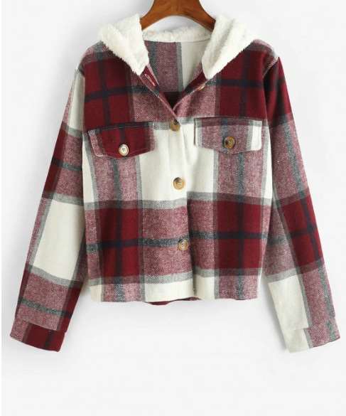 Fashion Plaid print Brushed Hoodie Long sleeve Blouses