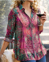 Casual Loose Print Lapel Long sleeve Blouses