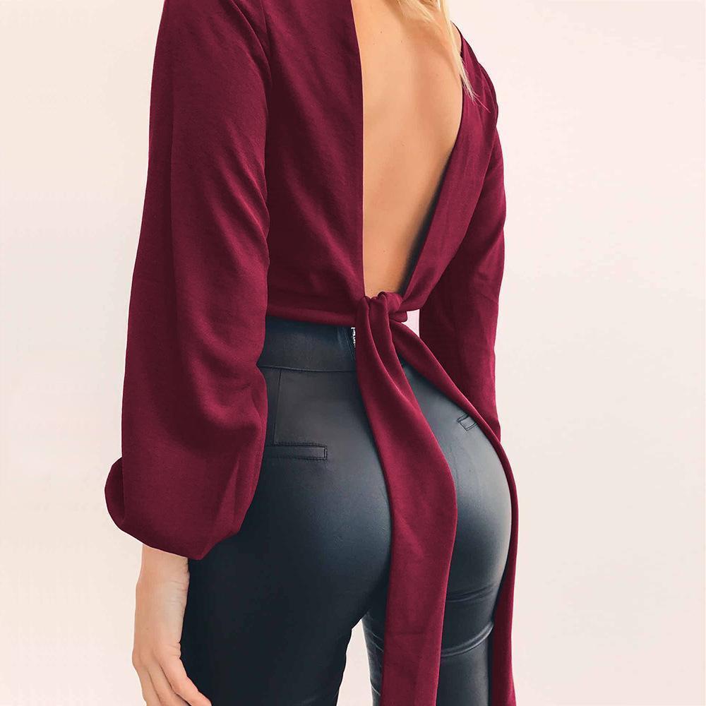 Bare Back Sexy V-Neck Long Sleeve Solid Color Blouses