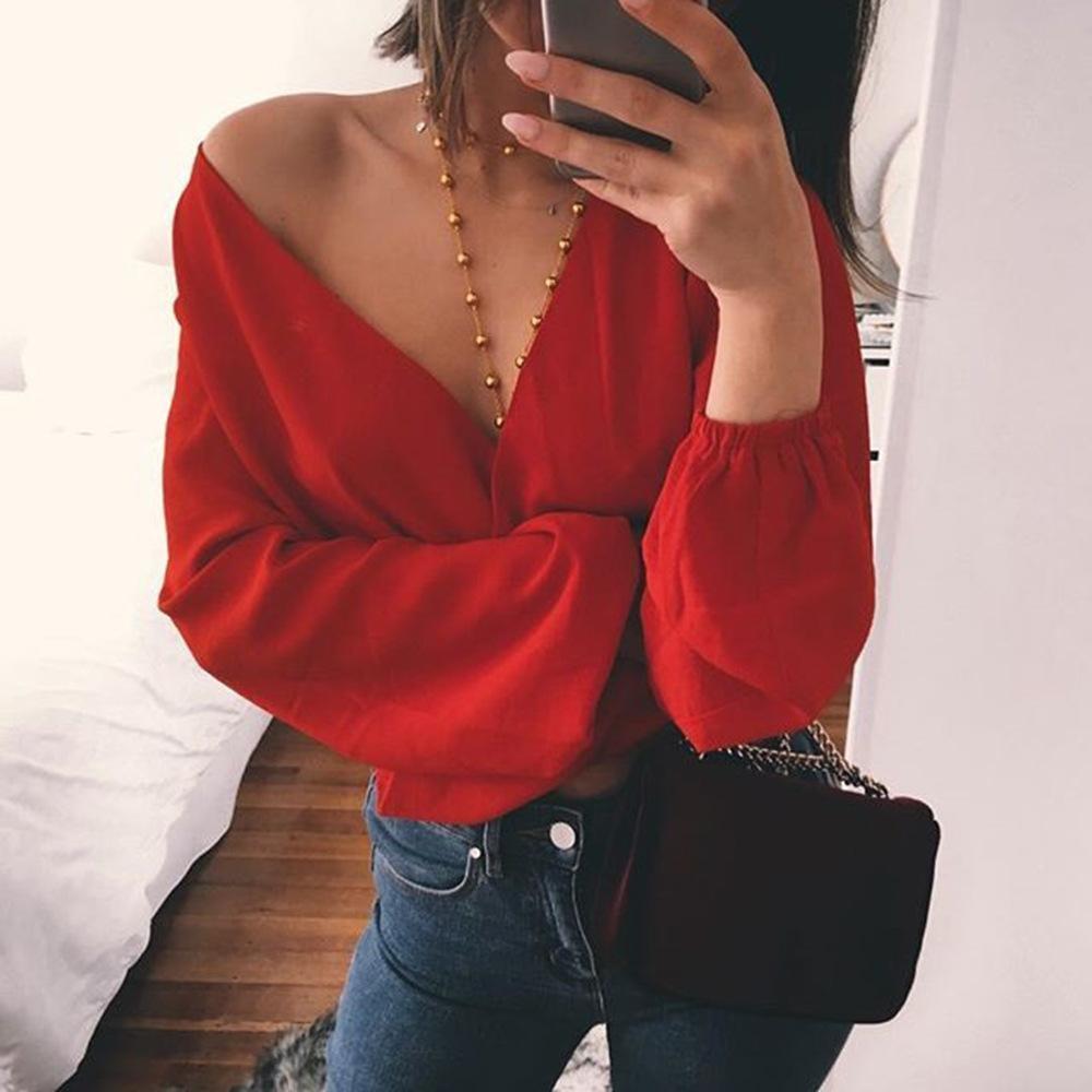 Bare Back Sexy V-Neck Long Sleeve Solid Color Blouses