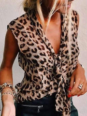 V neck Sleeveless Fashion Leopard Printed T-shirts