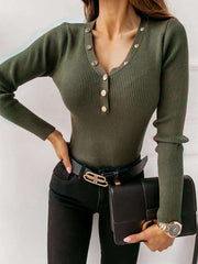 Sexy Pure V neck Long sleeve Knit Fastener Sweaters