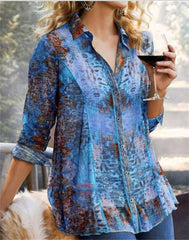Casual Loose Print Lapel Long sleeve Blouses
