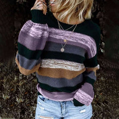 Casual Loose Stripe Round neck Long sleeve Knit Sweaters
