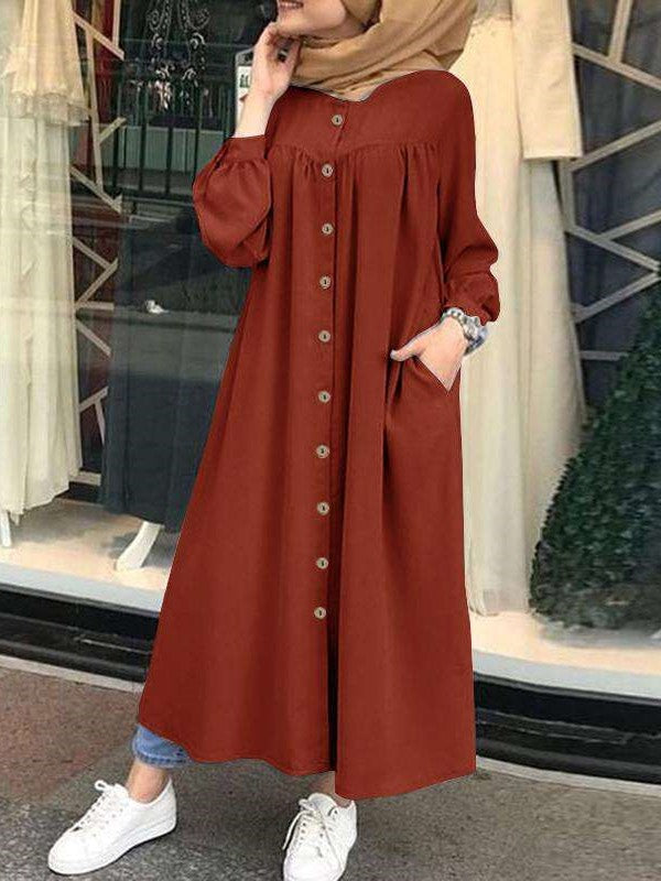 Fashion Pure Gored Fastener Long sleeve Pocket Maxi Dresses