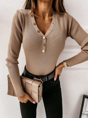 Sexy Pure V neck Long sleeve Knit Fastener Sweaters