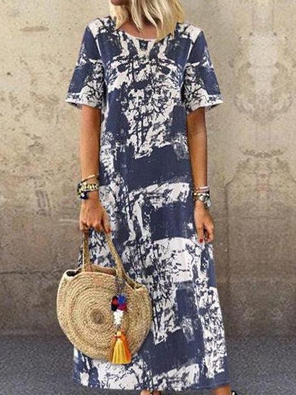 Bohemia style Printed round neck short sleeves maxi dresses