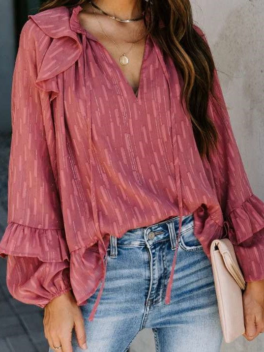 Fashion Casual Loose V neck Falbala Lacing Blouses