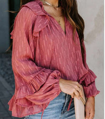 Fashion Casual Loose V neck Falbala Lacing Blouses