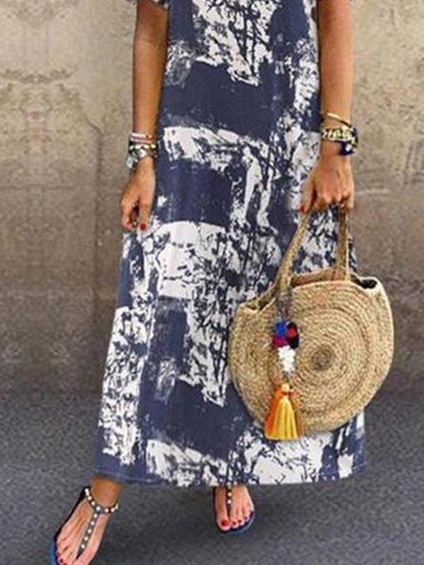 Bohemia style Printed round neck short sleeves maxi dresses