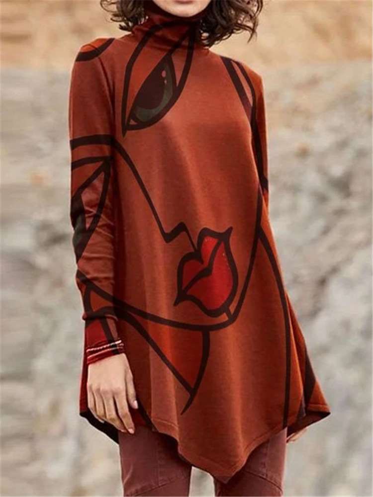 Fashion Retro print High collar Long sleeve Irregular T-Shirts