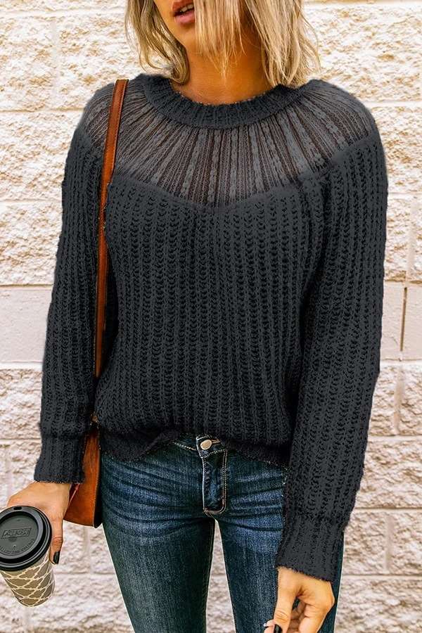 Fashion Casual Pure Lace Gored Round neck Long sleeve Sweaters