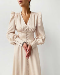 Elegant Pure V neck Long sleeve Skater Dresses