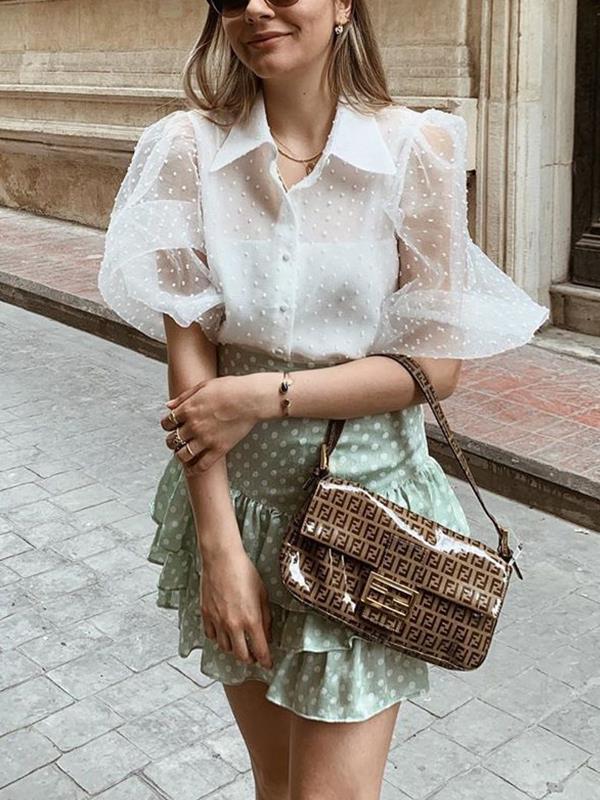 Chic Fashion Sexy see-through lantern mid-sleeve stand collar blouses