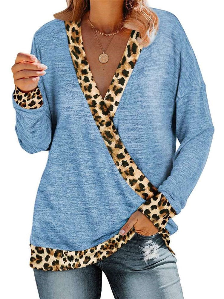 Casual Gored Leopard print V neck Long sleeve T-Shirts