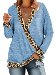 Casual Gored Leopard print V neck Long sleeve T-Shirts