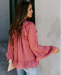 Fashion Casual Loose V neck Falbala Lacing Blouses