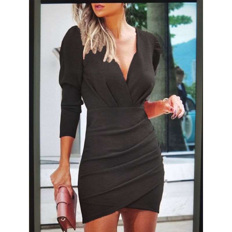 Sexy Pure Plicated V neck Long sleeve Skater Bodycon Dresses