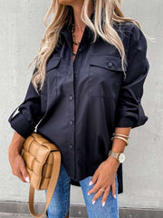 Casual Loose Pure Lapel Pocket Long sleeve Blouses