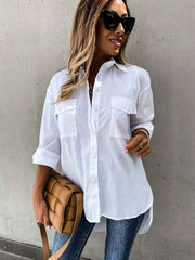 Casual Loose Pure Lapel Pocket Long sleeve Blouses