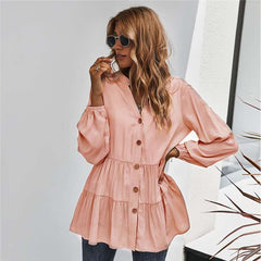 Fashion Pure Gored V neck Long sleeve Blouses