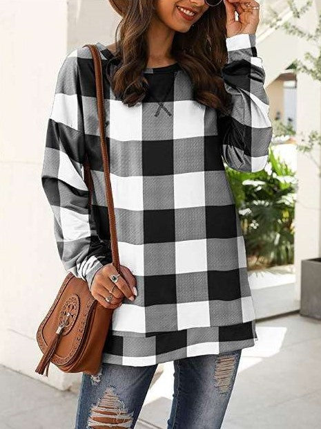 Casual Loose Plaid print Round neck Long sleeve T-Shirts