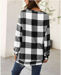 Casual Loose Plaid print Round neck Long sleeve T-Shirts