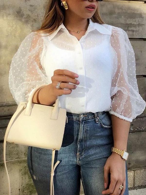 Chic Fashion Sexy see-through lantern mid-sleeve stand collar blouses