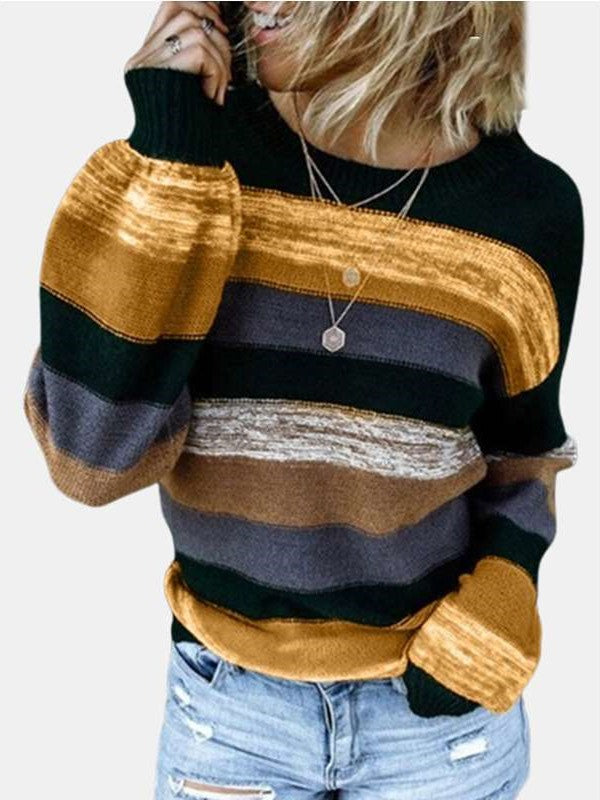 Casual Loose Stripe Round neck Long sleeve Knit Sweaters