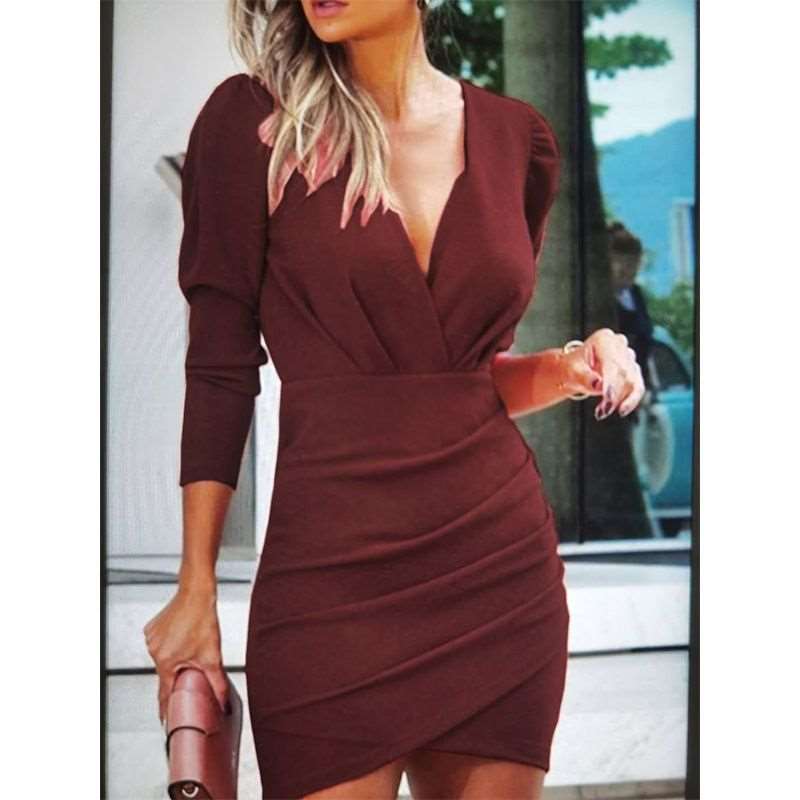 Sexy Pure Plicated V neck Long sleeve Skater Bodycon Dresses