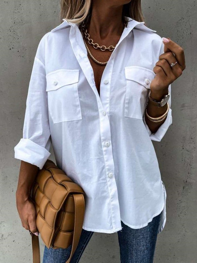 Casual Loose Pure Lapel Pocket Long sleeve Blouses