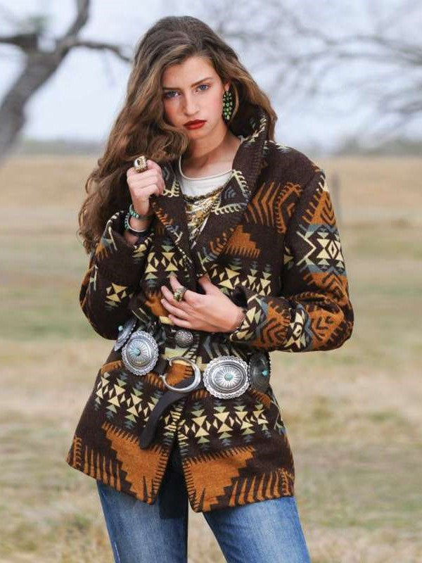 Fashion Retro print Lapel Long sleeve Coats