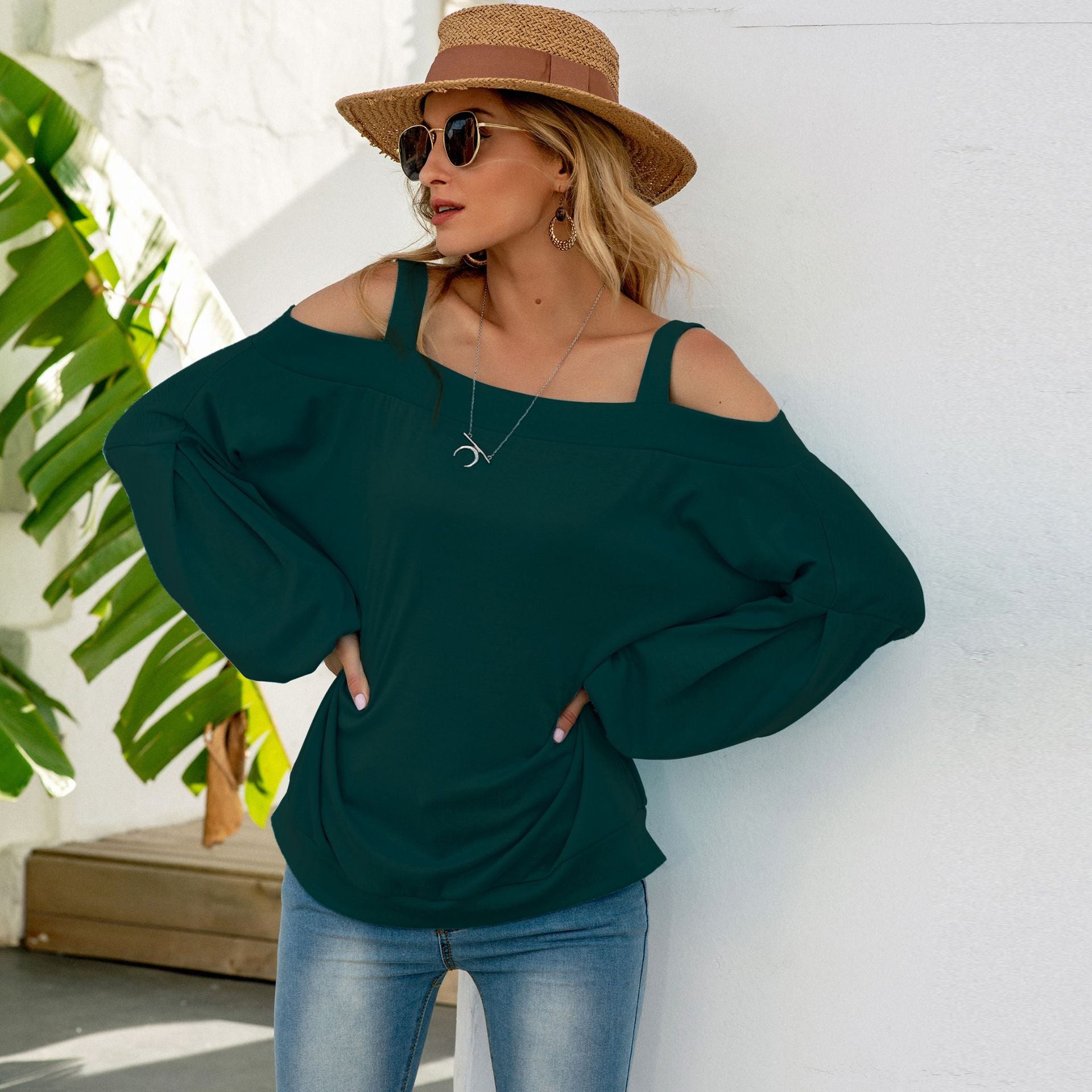 Sexy off-shoulder long-sleeved solid color sweaters