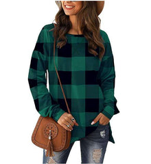 Casual Loose Plaid print Round neck Long sleeve T-Shirts
