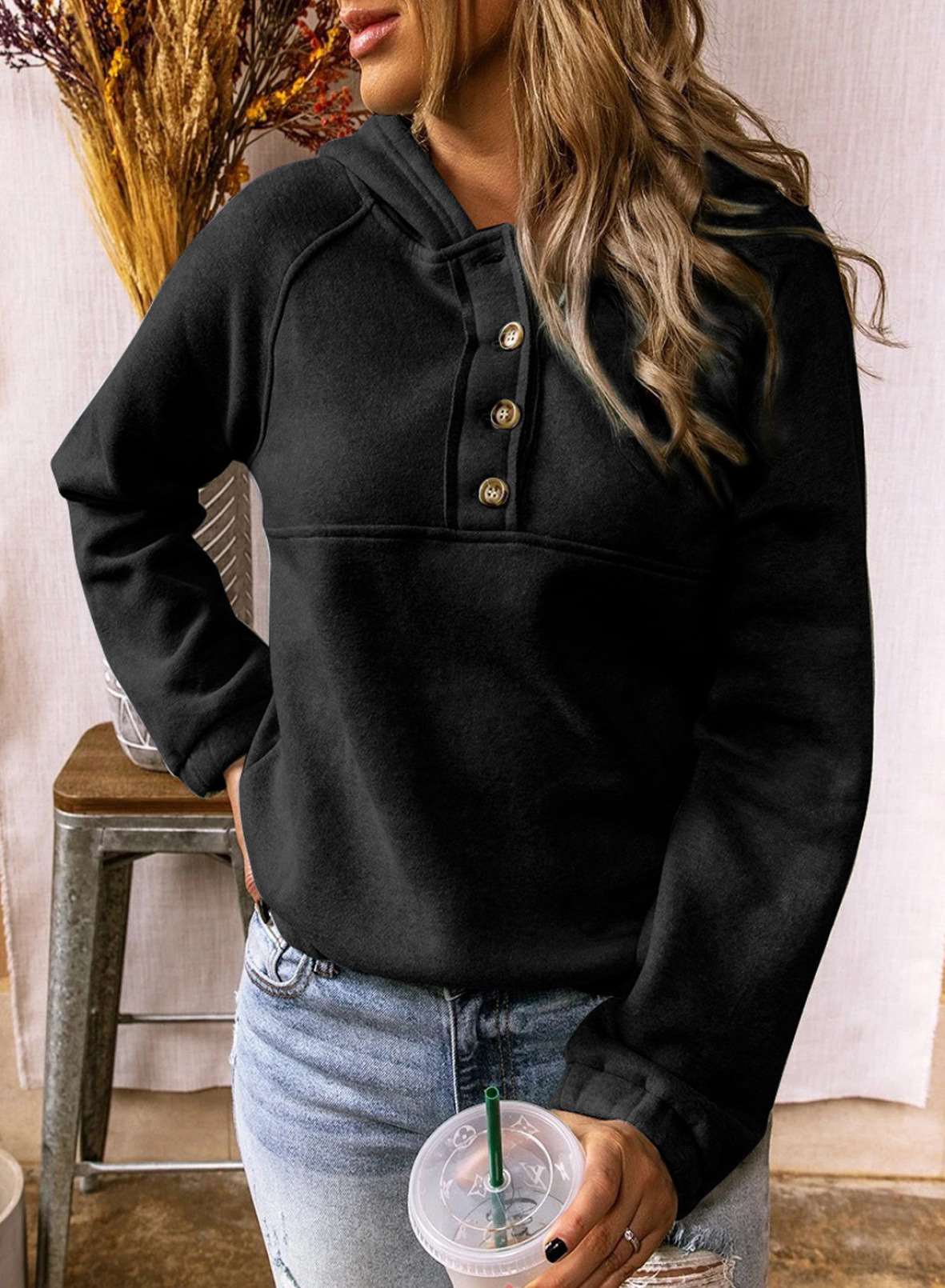 Casual Pure Gored Long sleeve Fastener Hoodies Sweatshirts