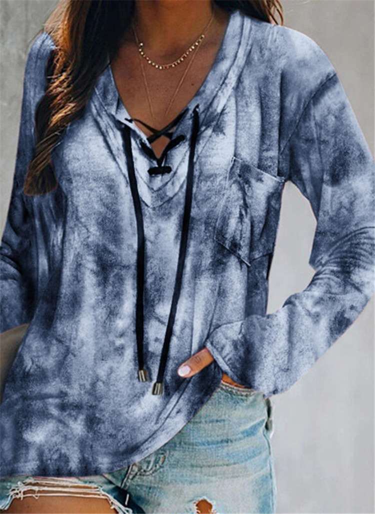 Casual Plangi Long sleeve Lacing Hoodies Sweatshirts