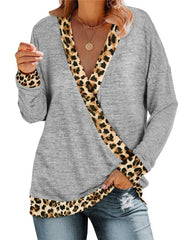 Casual Gored Leopard print V neck Long sleeve T-Shirts