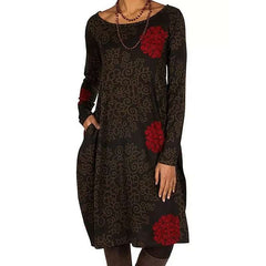 Casual Loose Retro print Round neck Long sleeve Shift Dresses