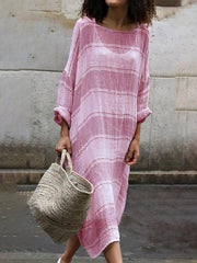 Casual Loose women Plus size round neck long sleeve stripe maxi dresses