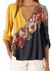 Chiffon V Neck Floral Printed Short Sleeve Blouses