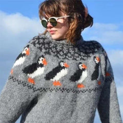 Casual Penguin print Round neck Long sleeve Knit Sweaters