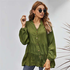 Fashion Pure Gored V neck Long sleeve Blouses