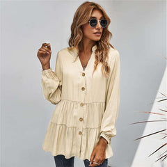 Fashion Pure Gored V neck Long sleeve Blouses