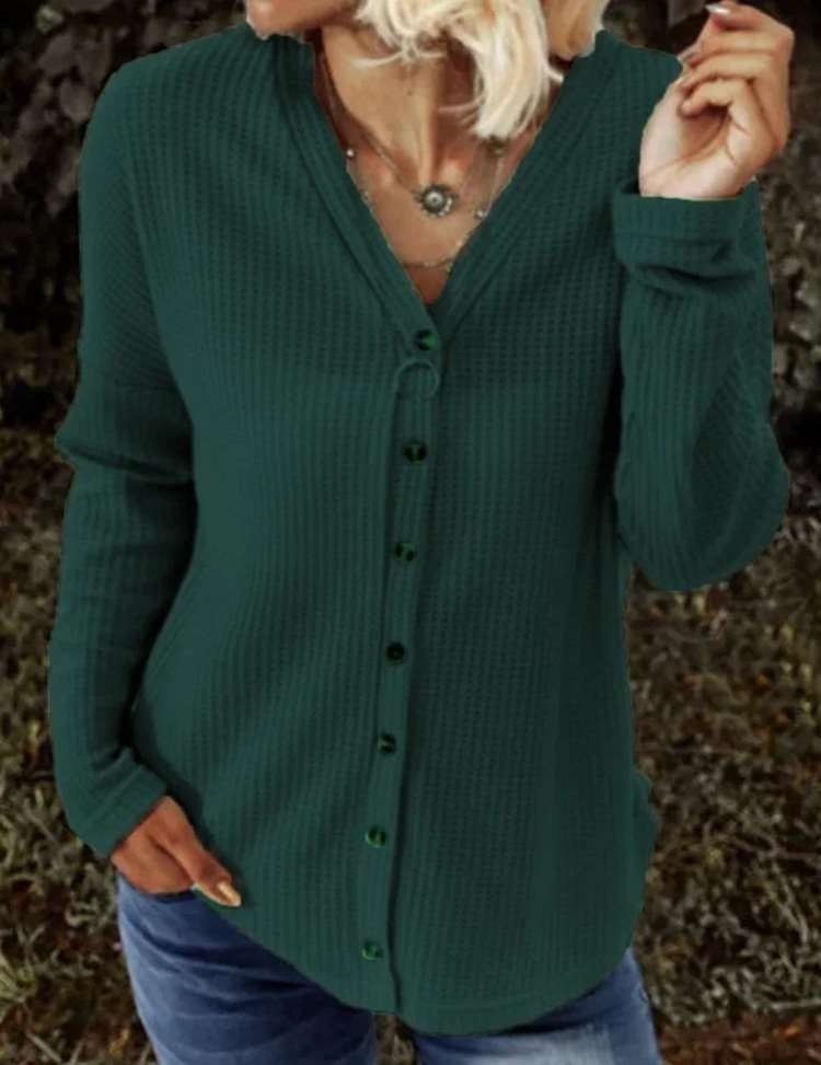 Casual Pure V neck Long sleeve Fastener Cardigan