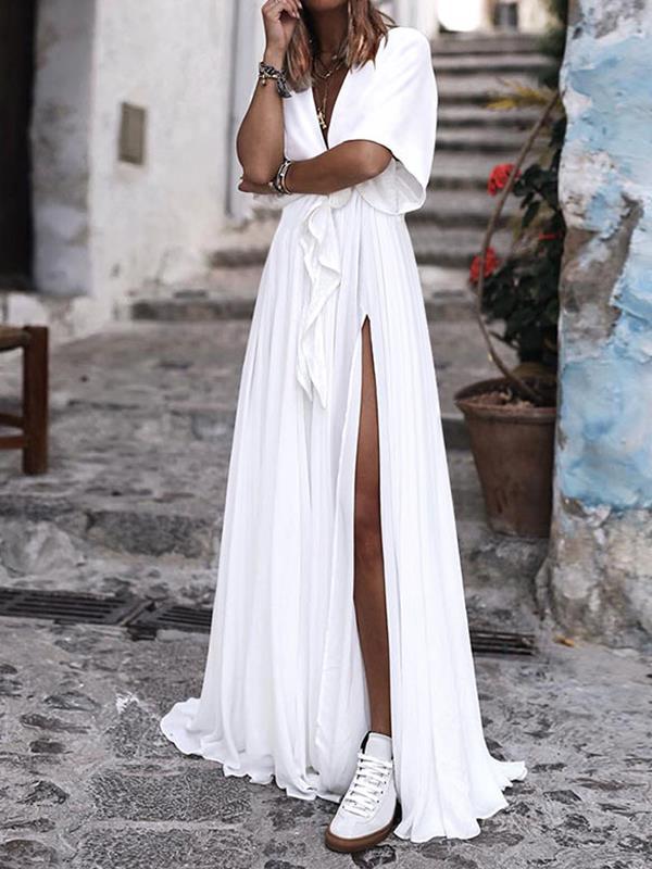 Sexy Women Long V neck Waist tie Slit Maxi Dresses